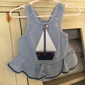 The Bailey Boys Seersucker Blue White Patriotic Sailboat Swimsuit Ruffle Bottom